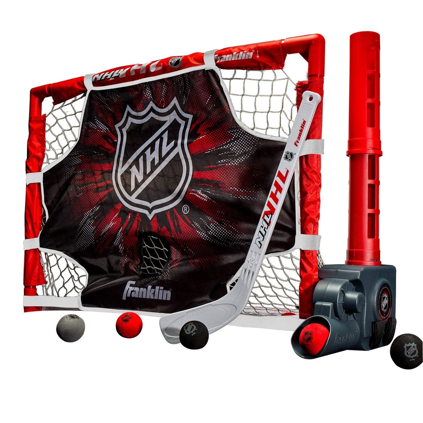 Franklin Sports NHL Kids Knee Hockey Goal Set - Mini Hockey Net + Stick Set - Automatic Ball Passer, Goal & Target