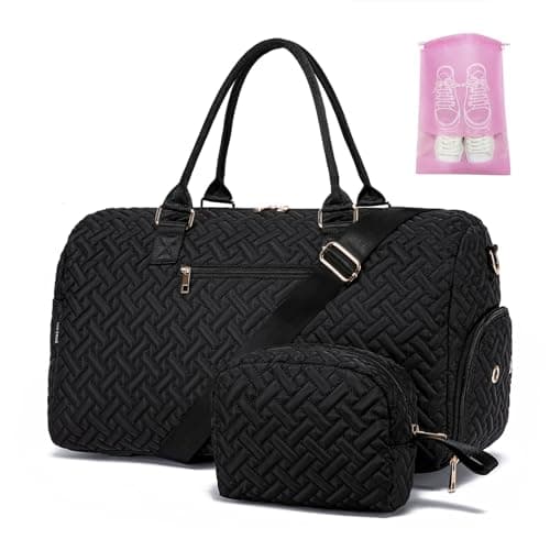 Duffle Bag for Travel, Weekender Bag with Shoe Compartment, Carry On Overnight Bag for Women with Toiletry Bag, Gym Bag with Wet Pocket, Hospital Bags for Labor and Delivery,Black
