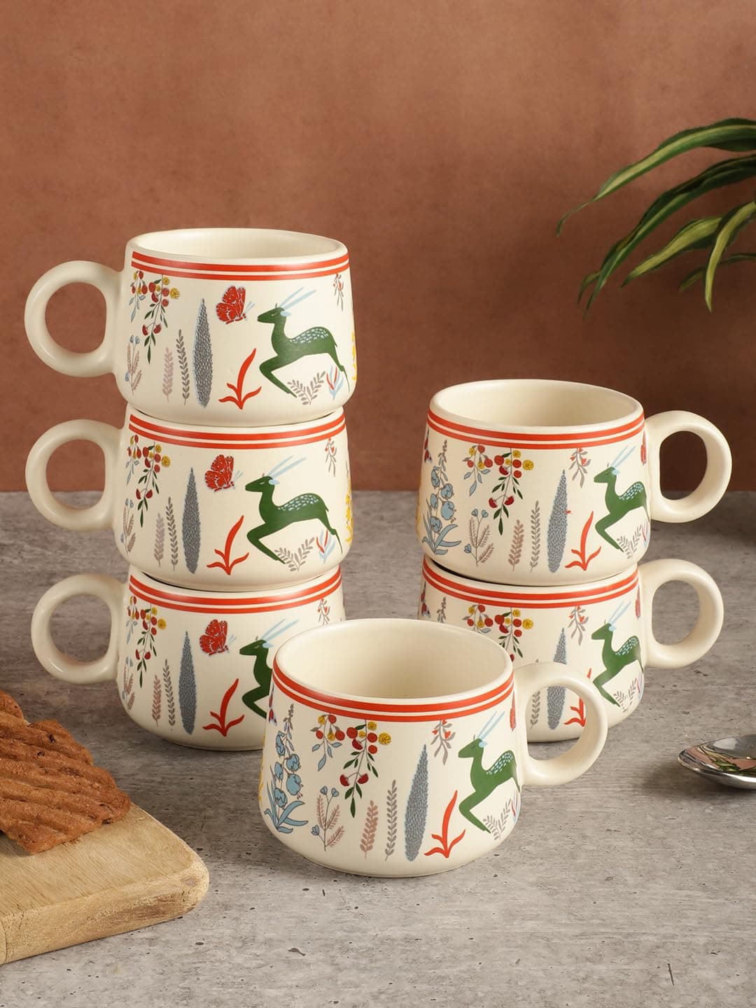 miah decor Ceramic Matte Printed Tea Coffee Mug Set of 6 Studio Pottery Drinkware Microwave Safe Stoneware Cups for Home & Restaurant - (Size HxW:-2X3.5 in ;Volume:- 180 ml)