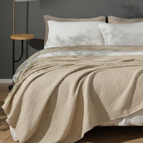 PHF Pre-Washed 100% Cotton Waffle Weave Blanket Twin Size for Bed,Snag Proof Throw Blanket for Couch Spring Summer Lightweight Breathable,Machine Washable, Home Decor Gift - Khaki/Simply Taupe
