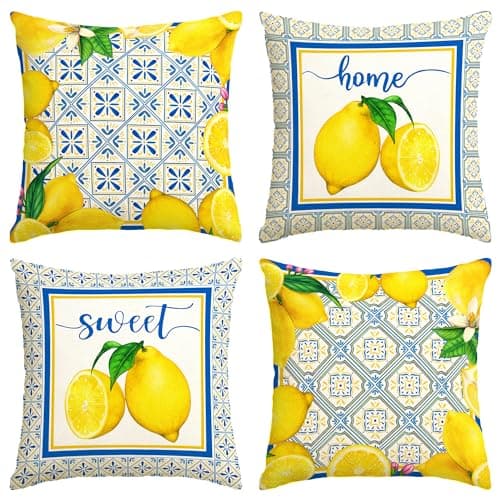 Italian Lemon Pillow Cases - Blue & Cyan Burlap Artifical Fruit Farmhouse Decorations for Spring/Summer Life & Party