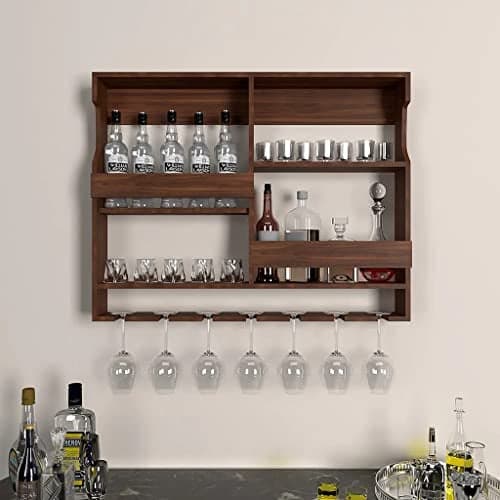 ODEJIA Wooden Wall Mounted Wine Rack, Bar Cabinet with Glass Storage, Wall Hanging Mini Bar for Home Wine Rack/Holder Upside Down Glass Hanging Organizer Size 30 x 24 Inch (Mahogany)
