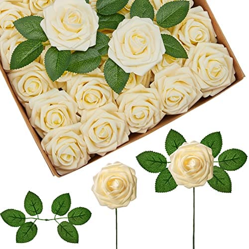 InnoGear Artificial Flowers, 50 Pcs Cream Foam Fake Roses Bulk with Stems for Decoration DIY Wedding Bouquets Centerpieces Bridal Shower Party Christmas Tree