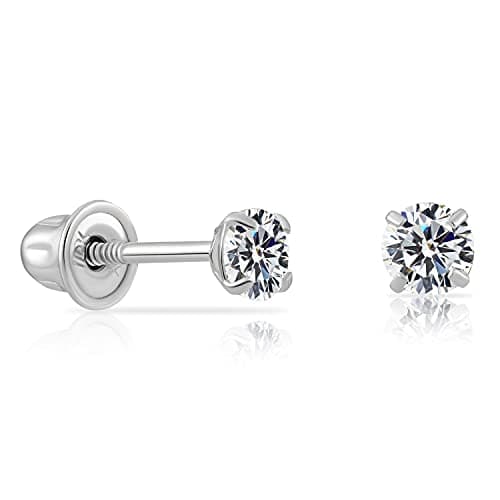 14k White Gold Solitaire Round Cubic Zirconia CZ Stud Earrings in Secure Screw-backs (3mm)…