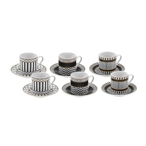 KARACA Helenistic Turkish Coffee Cups Set for 6 12 Piece Porcelain Espresso Cups with Saucers 80ML Demitasse Coffee Set Black Modern Elegant Design for Home Gift