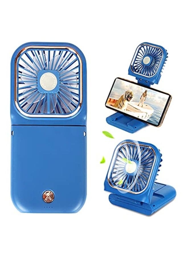 Portable Mini Fan - 5 in 1 with Power Bank, Phone Holder, Handheld & Desk Fan - USB Rechargeable, 3000mAh Power Bank, 3 Speed Adjustable, Neck Lanyard, Blue