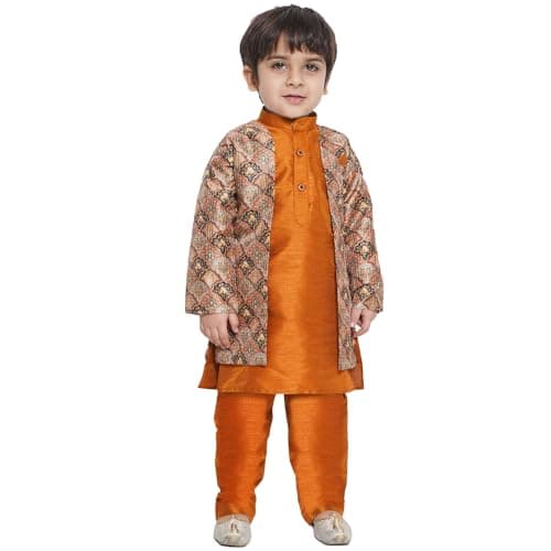 AJ DEZINES Kids Ethnic Wear Raw Silk Printed Rust Indo Western Sherwani Set For Boys (7069-Rust-2)