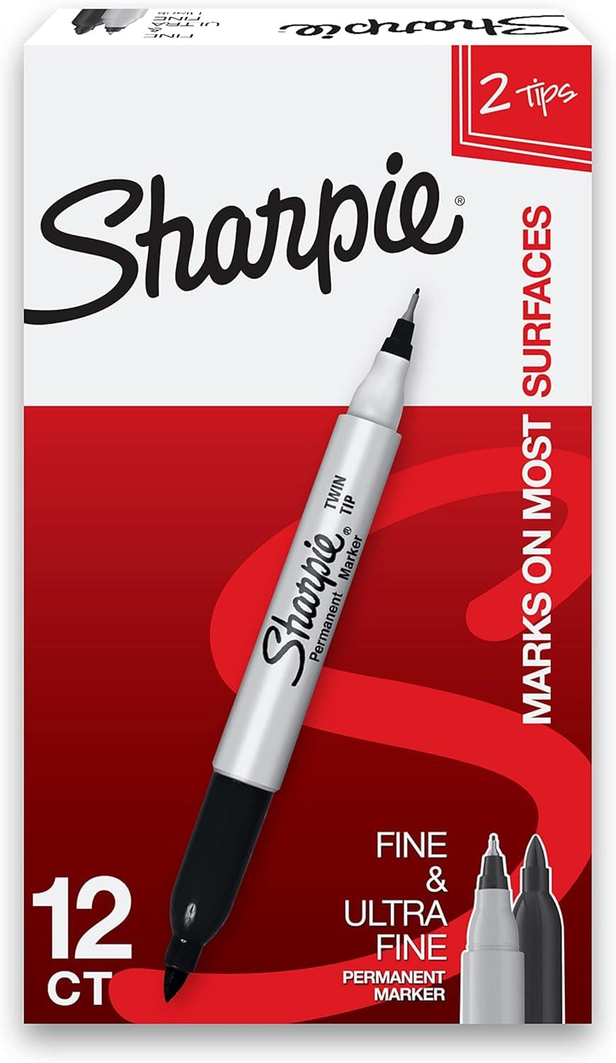 Sharpie Twin Tip Permanent Markers Fine and Ultra Fine Black 12 Count