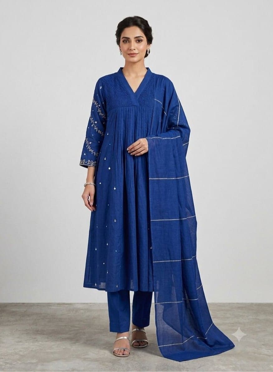 Premium Mul Chanderi Kurta Set for Women with Dupatta and Pants, Embroidered Anarkali Kurti Set, Indian Ethnic Wear, Salwar Suit, Ladies Traditional Dress, Festive Wear, Party Wear, Wedding Outfit