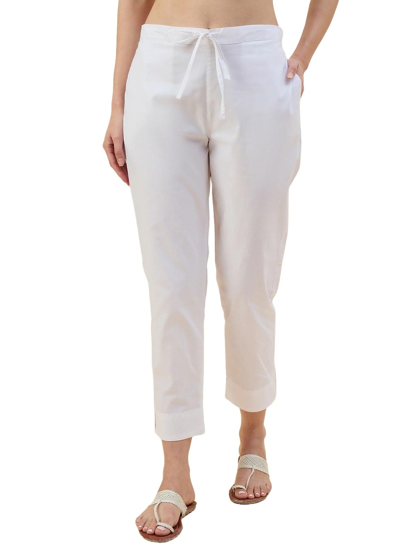 Nermosa Women Cotton Pant Elasticated Waist Regular Slim Fit Trouser, Pocket Pants for Office School Formal Casual Daily Use (in, Alpha, 2XL, Plus, White)