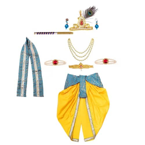 ITSMYCOSTUME Krishna Dress for Baby Boy Kids Set of 10(Dhoti,Patka,Hip Cover,Mukut,Morpankh,Bansuri,Kamarband,Bajuband,Kundal) Little Krishna Ji Kanha Janmasthmi Costume for Kids(Turquoise Yellow)