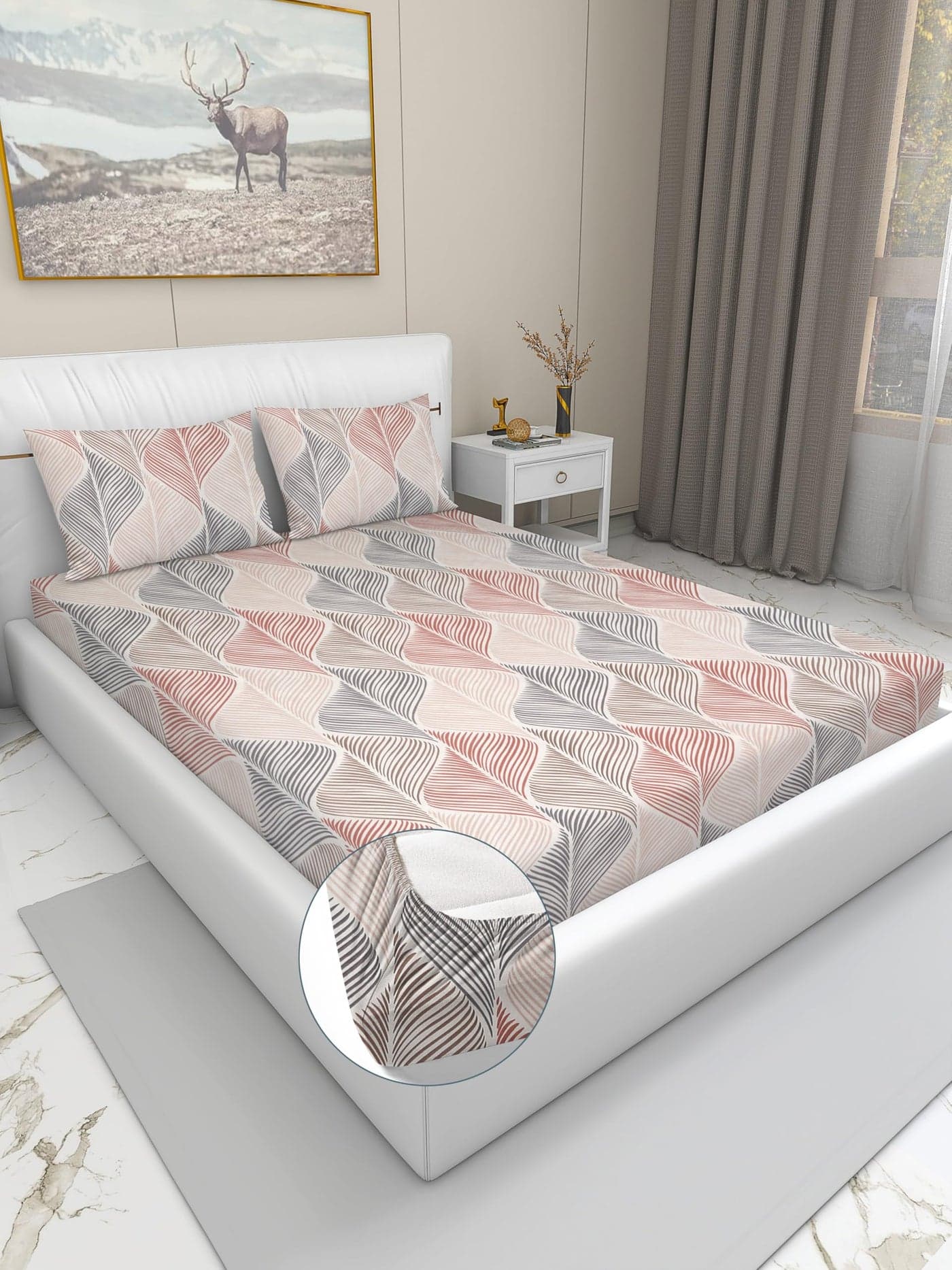 Blue Strip 300 TC Cotton Feel Glace Cotton Elastic Fitted Printed Queen Size Double Bed Bedsheet with 2 Pillow Covers Fits Upto 8 inches,Size- 60x78x8 Inches