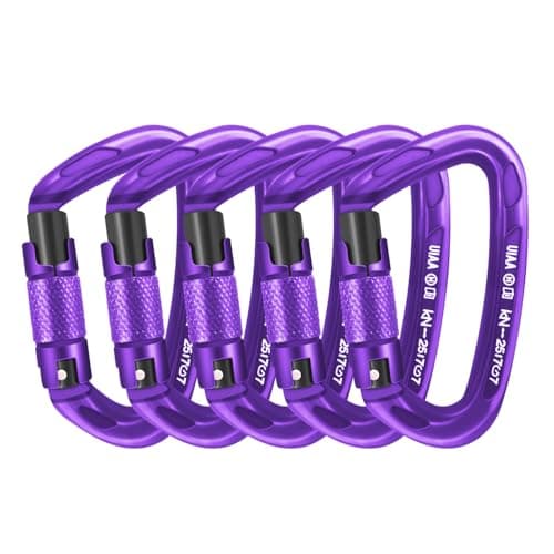 AINIKEY 25kN Auto Locking Climbing Carabiner Clips, Heavy Duty Large D-Shaped Carabiners for Rock Climbing, Rappelling, Ice Climbing, Rescue, and Swing (Purple-5PCS)