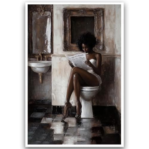 XASUBH Bathroom Wall Art Black Women Art African American Bathroom Decor Picture Reading Woman Poster Black Girl Pictures Print Modern Minimalist Painting Artwork 16x24 Inch UnFramed Toilet Picture