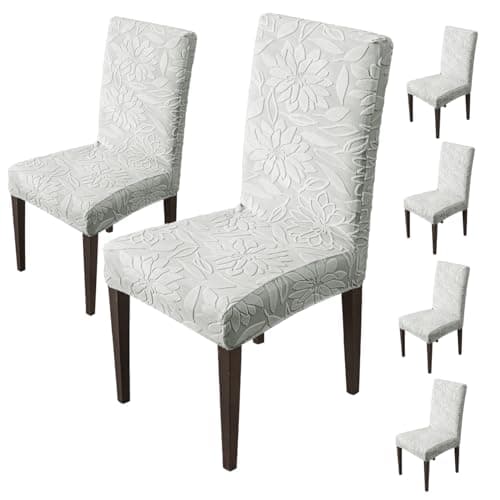 House of Quirk Stretchy Universal Camellia Jacquard Waterproof Chair Cover Removable & Washable Short Dining Chair Cover Protector Seat Slipcover (Light Grey,Pack of 6)