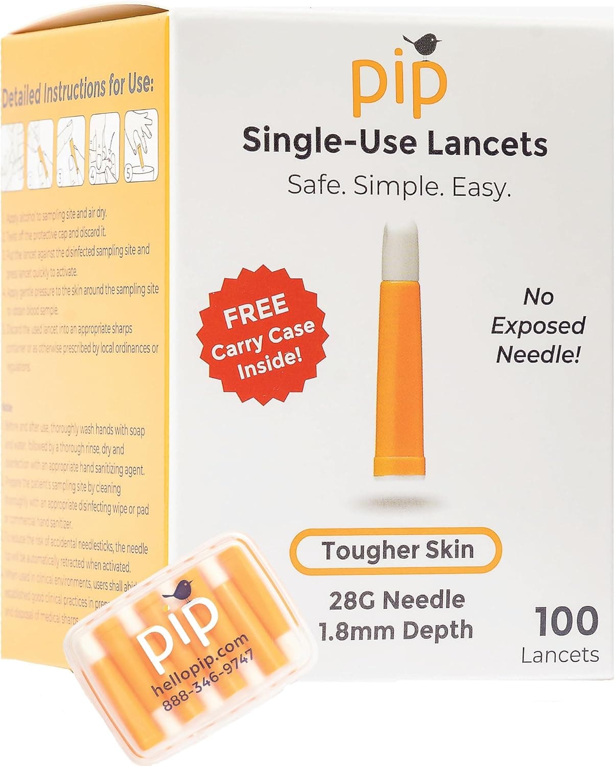 Pip Lancets - 28G x 1.8mm - 100 Count - Safety Lancets for Virtually Painless Blood Glucose Testing - One-Time Use, Sterile, No Lancing Device Required - Testing Supplies - Orange