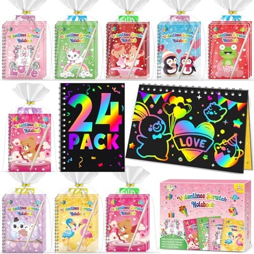 Scratch Art Party Favors for Kids 24 Pack Valentines Party Favors Goodie Bag Stuffers for Kids Classroom Prizes Birthday Gifts Bulk Rainbow Scratch Notebook Coloring Book Valentines