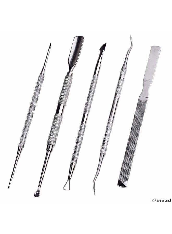 Complete 5 Piece Cuticle and Nail Set - For Manicure and Pedicure Use - Salon Quality - Stainless Steel - Personal for Men and Women - Easy to Use and Clean