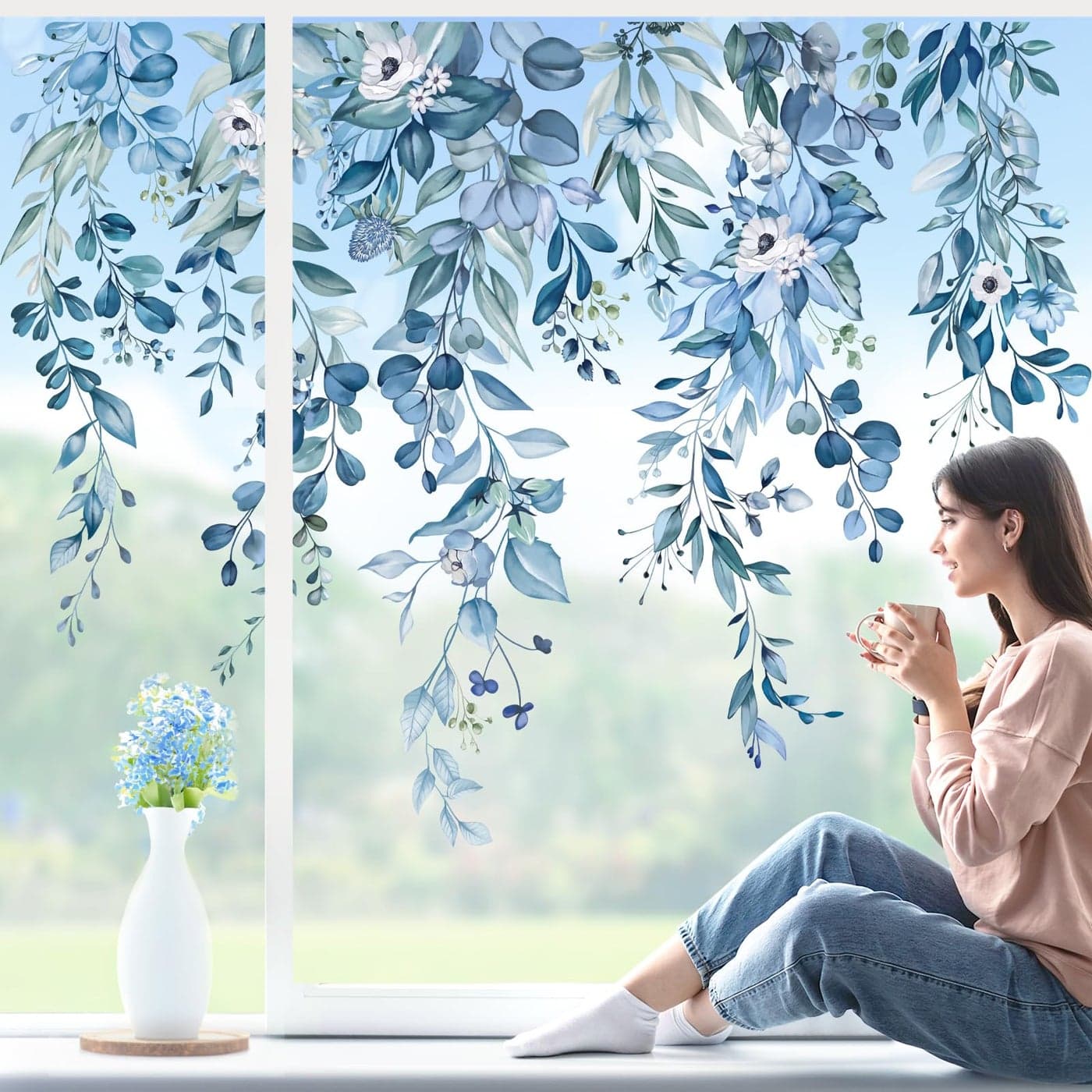 wondever Blue Eucalyptus Leaves Flowes Window Clings Hanging Vine Floral Plants Glass Sticker Decal Anti Collision DoubleSide Static Window Stickers for Home Glass Window