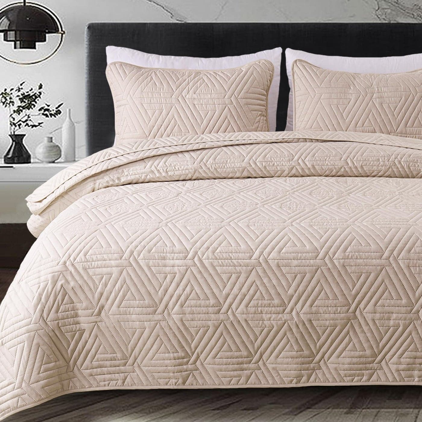 Whale Flotilla Soft Queen Size Quilt Set for All Seasons 3Piece Ultrasonic Geometric Quilts Bedding Set Lightweight Reversible Bedspread Coverlet Bed Cover with 2 Pillow Shams Brich Beige