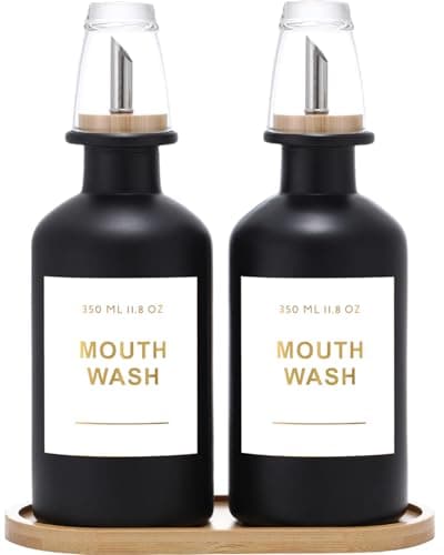 BONLONG 118OZ Glass Mouthwash Dispenser for Bathroom with Stainless Steel Bamboo Nozzle Mouthwash Cup Reusable Bamboo Tray and Elegant Gold StickerSet of 2Black