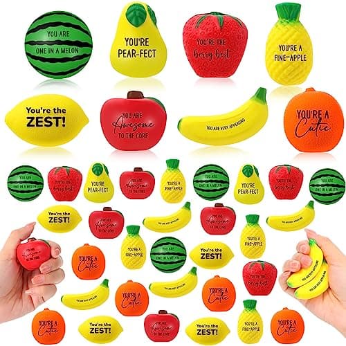 Outus 64 Pcs Fruit Stress Balls Bulk Inspirational Squeeze Balls Positive Foodie Fidgets Watermelon Veggie Foam Toy Gifts for Coworkers Employee Staff Office Fruit Party Favor Classic