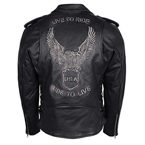 Men's Eagle Embossed Live To Ride - Ride To Live Classic Black Leather Motorcycle Biker Jacket (Large, Black)