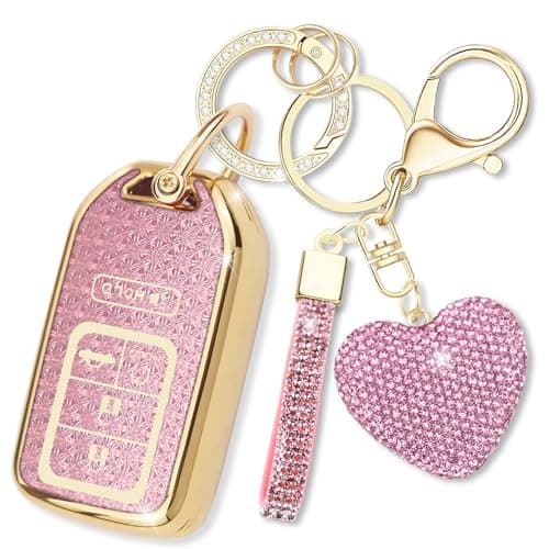 Simocky Key Fob Cover with Diamond Keychain, Car Key Shell for Women, Compatible with 2016-2022 Honda Accord Civic Pilot Ridgeline Passport Key Protector (5 Buttons-Pink Heart)
