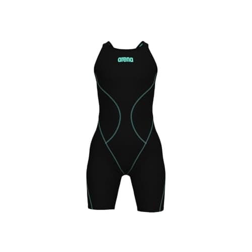 ARENA Powerskin Impulso Open Back Junior Girls’ Competition Racing Swimsuit Full Body Short Leg Kneeskin One Piece Athletic Tech Swim Suit, Black Teal, US Size 28
