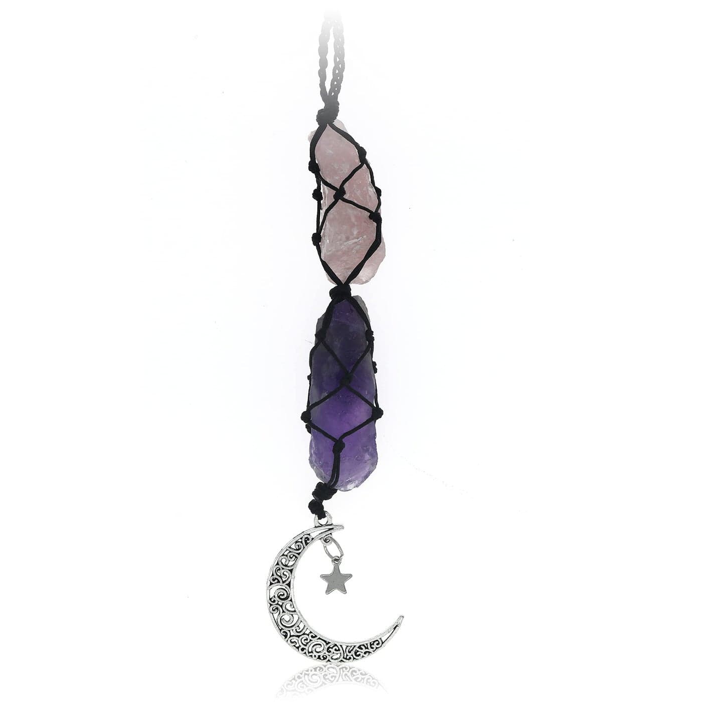 BOHO GARDEN Crystal Hanging Car Charm Purple Rear View Mirror Hanging Car Accessories for Women Moon Decor Hanging Ornament Witchy Gifts and Healing Stones Rose Quartz Amethyst