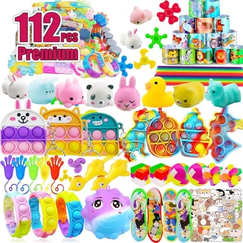 112 PCS Pop Party Favors Toys for KidsPremium Pop Fidget Toys for All Ages KidsAssortment Pinata StuffersClassroom prizesPrize Box ToysGoody Bag FillersCarnival Prizes for Boys and Girls 410