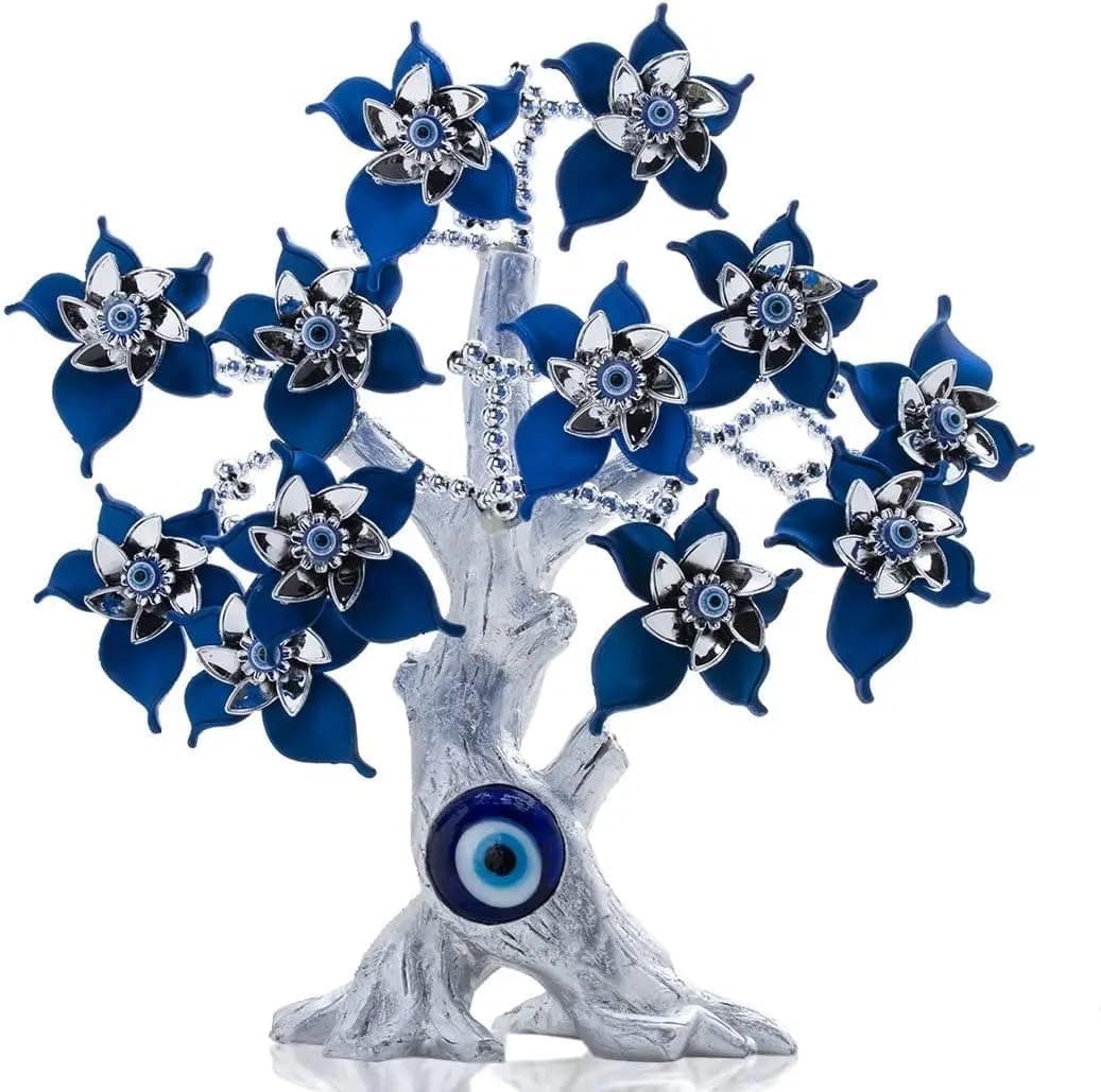 BLUE BEADS Turkish Evil Eye Money Fortune Decor – Metal & Glass Nazar Protection Lucky Showpiece | Feng Shui Good Luck Table Centerpiece for Home & Office