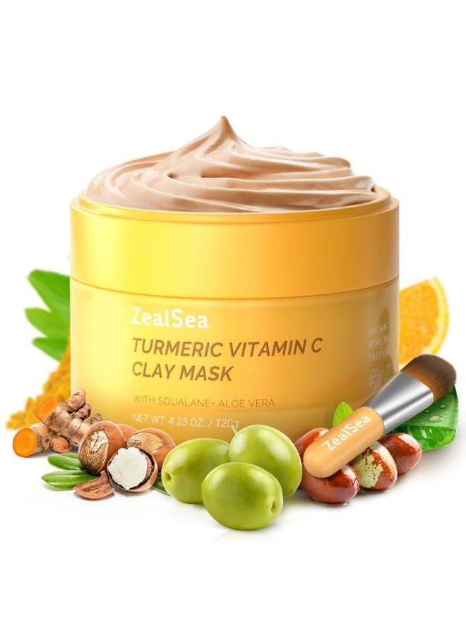 Vitamin C American Kaolin Clay Mask with Turmeric, Pro Ultra-Fine Creamy Texture, Deep Pore Cleansing Even Skin Tone Brighten Control Oil Detoxify, 30% Aloe, Jojoba Oil, Shea Butter & Squalane
