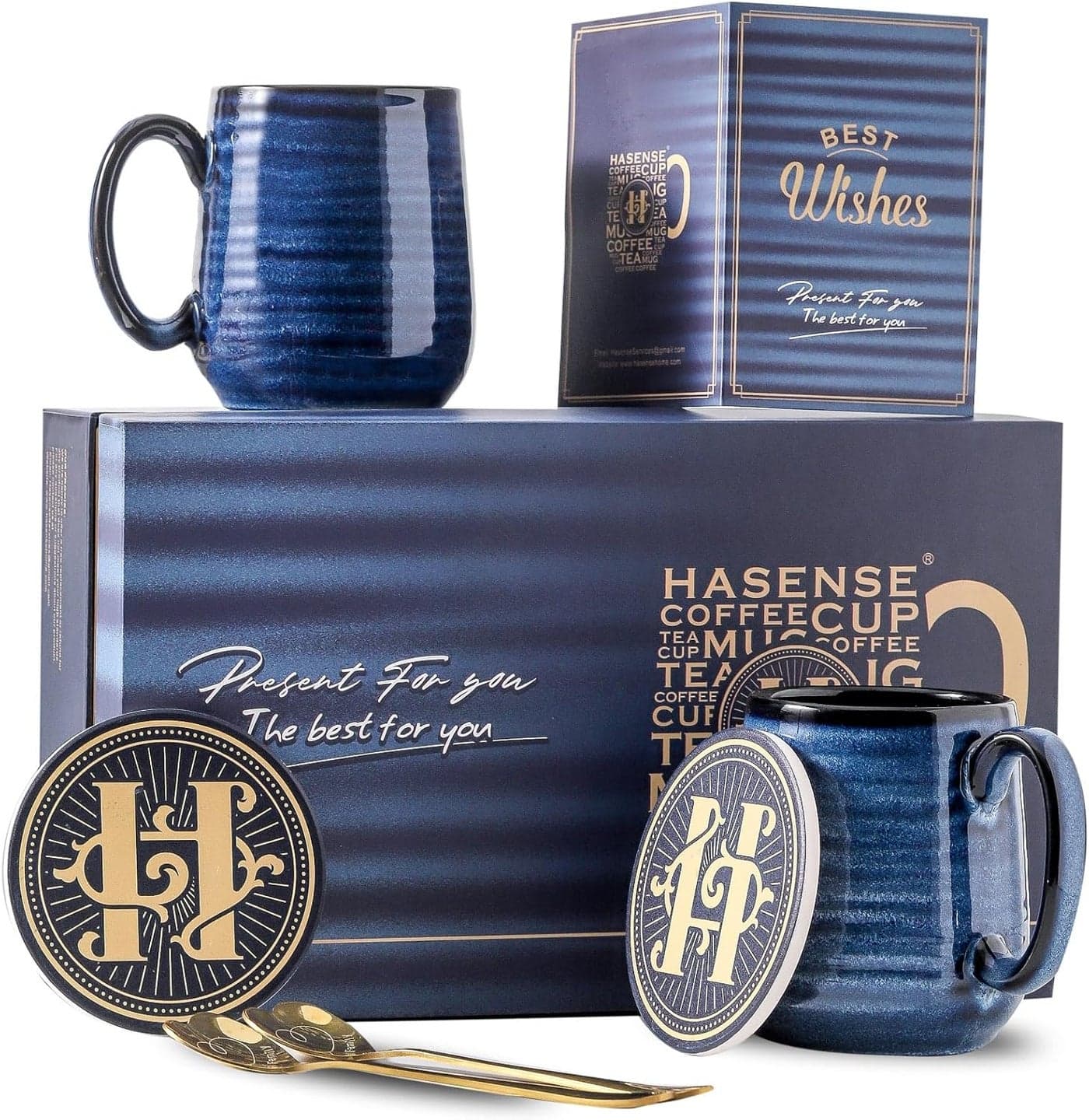 Hasense Coffee Mugs Set of 2 12oz Ceramic Glazed Mugs with Handles Blue Chic Tea Cups Gift Set for Men Women Includes Gold Spoon Coaster Perfect for Birthdays Mothers Day
