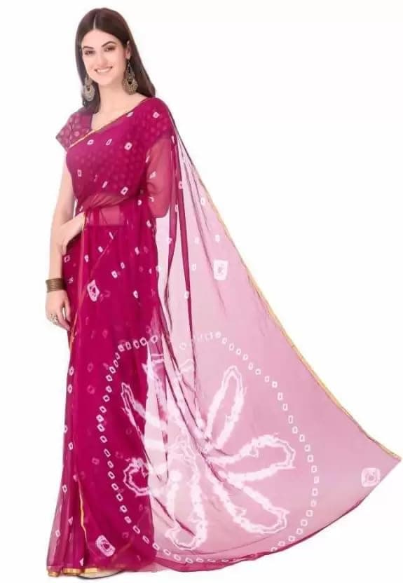LADYLOOM Women's Chiffon Bandhani Printed Saree,Sari With Unstitched Brocade Silk Blouse Material (Magenta)