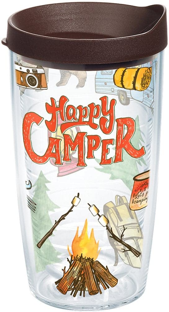 Tervis Happy Camper Tumbler with Wrap and Brown Lid 16oz Clear