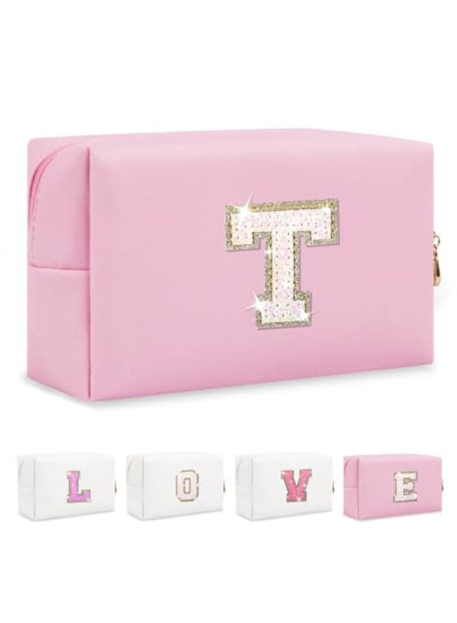 Small Personalized Initial AZ Patch Makeup BagPink Cute PU Leather Glitter Letter Cosmetic Bag for Teen GirlsTravel Toiletry Bag with ZipperPreppy Monogrammed Birthday Gift for Daughter Niece T