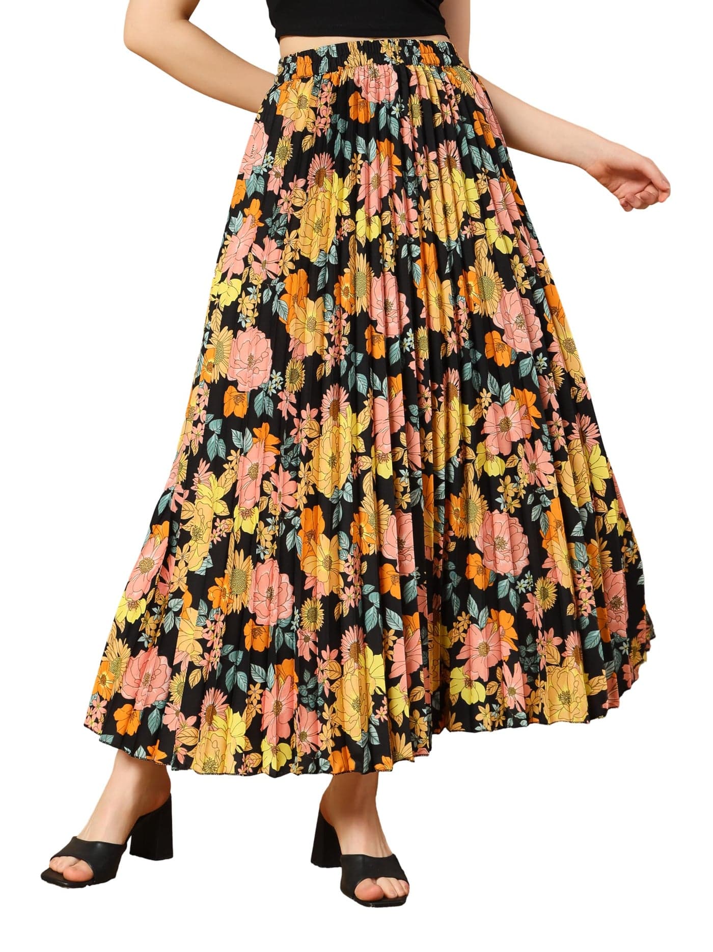 KZULLY Women Polyester Crepe Western Maxi Skirt Yellow
