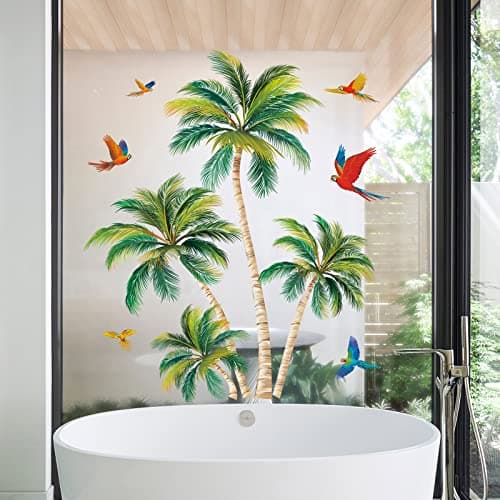wondever Tropical Window Clings Palm Tree Birds Glass Sticker Decal Anti Collision Double-Side Static Window Decals for Home Office Glass