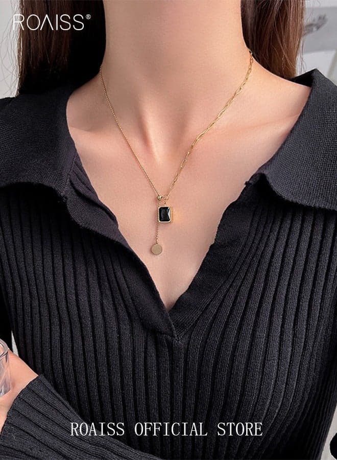 Ladies Clavicle Chain Retro Emeralds Chain Necklace Casual Adjustable Minimalist Gemstone Pendant Jewelry Titanium Steel Gift for Female Women Gold/Black