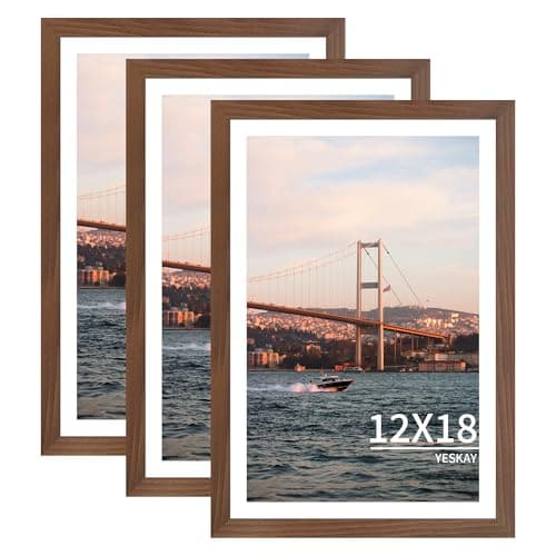 YESKAY 12x18 Picture Frame 3 Pack - Brown Poster Frame Display Pictures 11x17 with Mat or 12 x 18 Without Mat for Wall Hanging Horizontal and Vertical