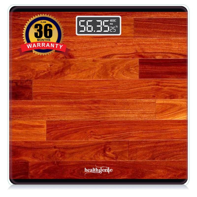 Healthgenie Weight Machine for Body Weight With 3 Yrs Warranty & Thick Tempered Glass LCD Display Digital Weighing Machine (Red Wood) HD-221