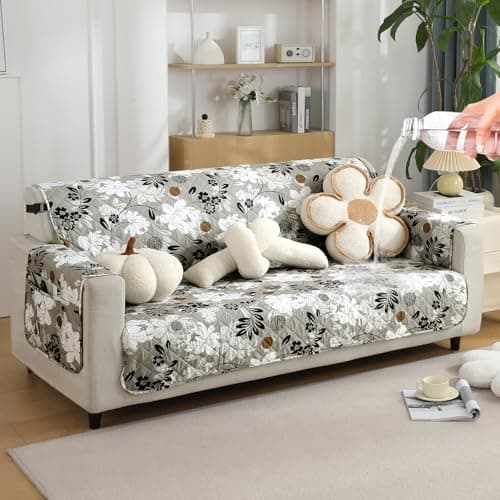HOKIPO 'Elira Series' Quilted Water Repellent + Waterproof + Quick Dry Sofa Cover Mat for 3 Seater Sofa with Pockets on Armrest Cover - Feather Brown Floral (AR-5240-C1)