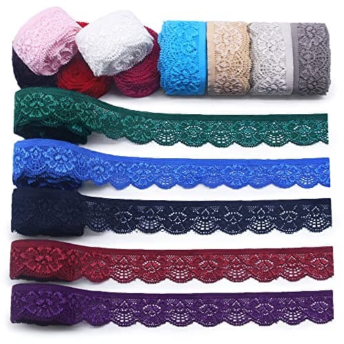 SEMINI 28 Yards 1 Wide Lace Elastic Trim 14 Colors Lace Ribbon Flower Edge Trimming for Sewing Craft Wedding Party Decor Clothes