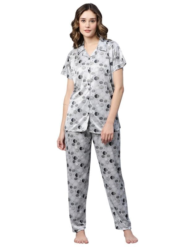 AV2 Women's Satin Geometric Print Top And Pajamas (Pack Of 2, 2298Bxxl_Grey_2Xl)
