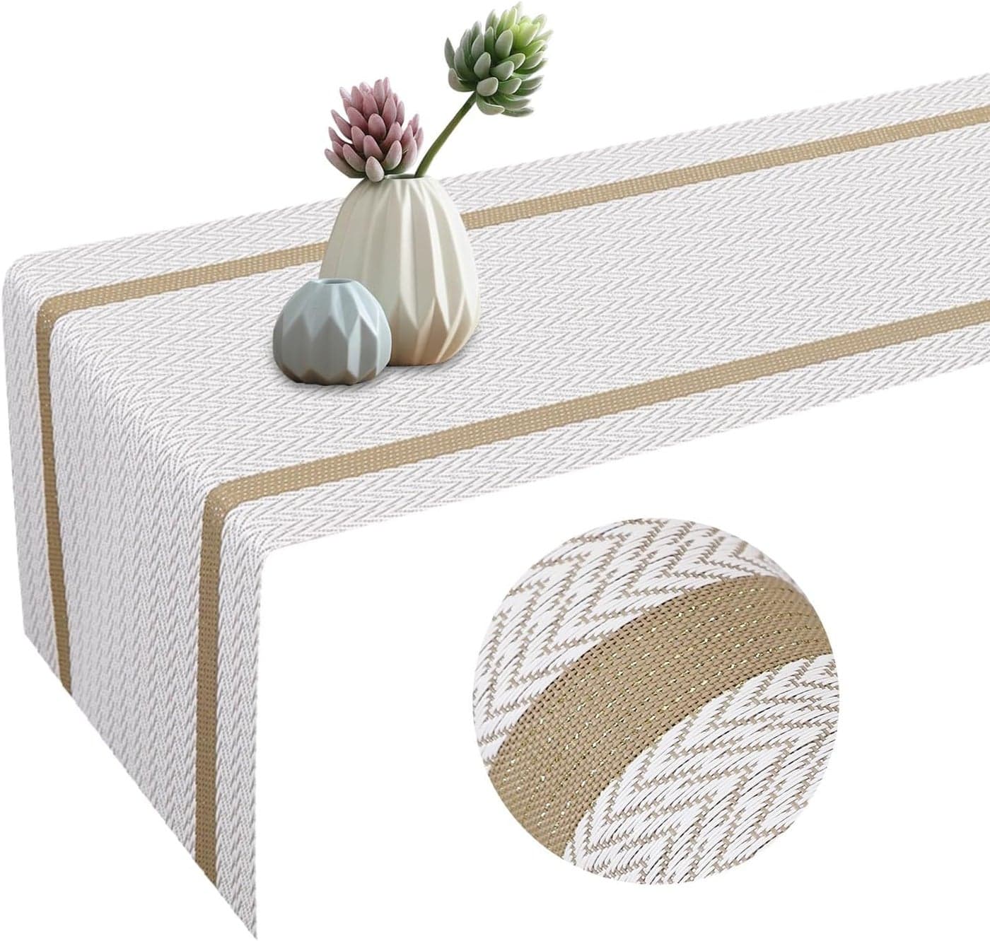 Wosta White Heat Resistant Table Runner Wipeable Vinyl Table Runner Durable PVC Waterproof Table Runner with Golden Thread Dining Table Runner for Indoor OutdoorWhite