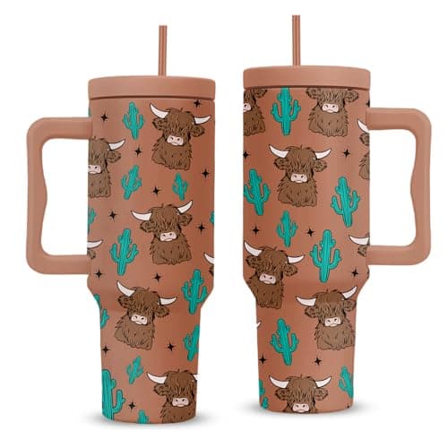 RHONGE Highland Cow Tumbler 40 Oz, Highland Cow Gifts For Women, Cute Yak Tumbler With Handle, Birthday Gifts For Cowgirls Animal Lovers, Cowgirl Khaki Insulated Tumblers Cup