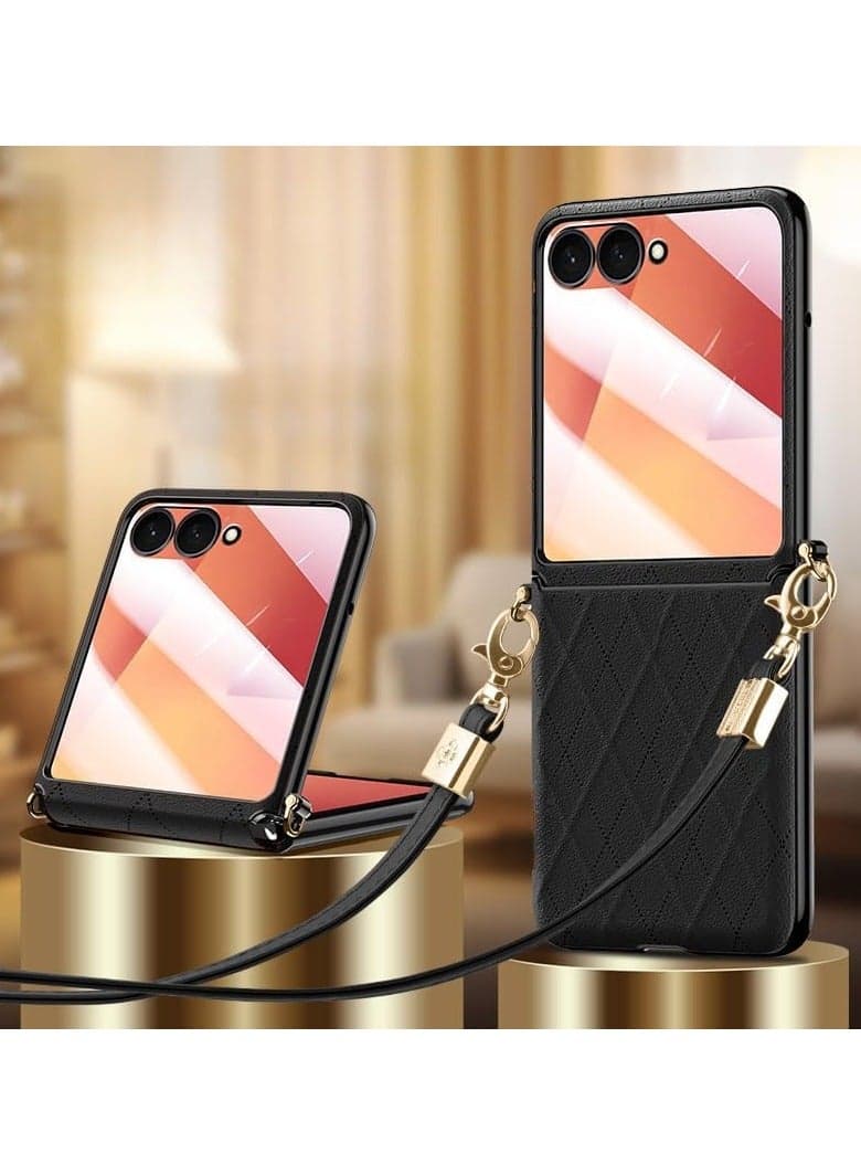 Designed for the Samsung Galaxy Z Flip 7, featuring a detachable shoulder strap and lightweight luxury leather shockproof and drop-proof protective case.