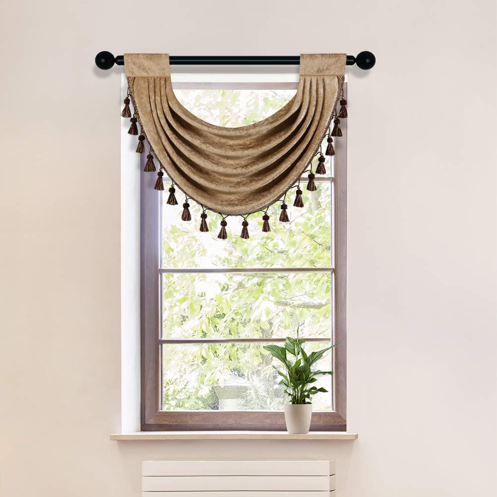 ELKCA Coffee Thick Chenille Waterfall Swag Valance for Living Room Kitchen Valance CurtainsPack of 1Coffee 30 W x 22 L