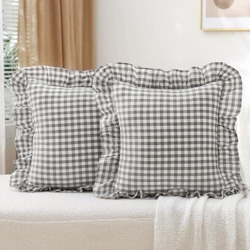 K MASANIJI 2 Pack Grey White Plaid Ruffle Throw Pillow Covers 18x18 inches, 100% Cotton Gingham Checkered Farmhouse Decorative Pillow Shams for Bed/Sofa (18x18 inches, Grey/White Plaid)